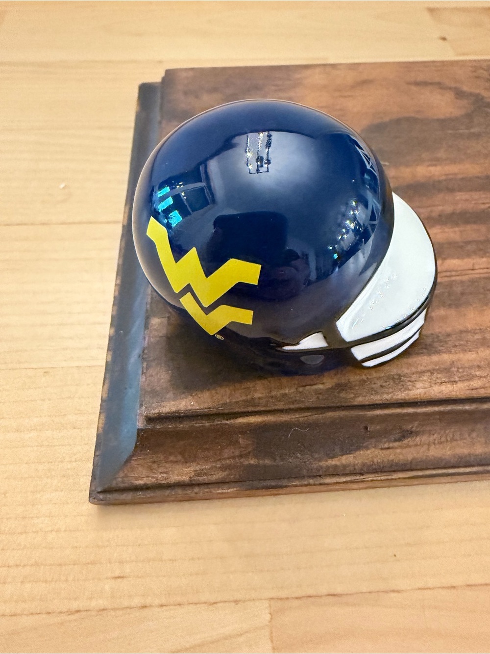 Nora Fleming WV Navy Mini Football Helmet with Yellow Logo